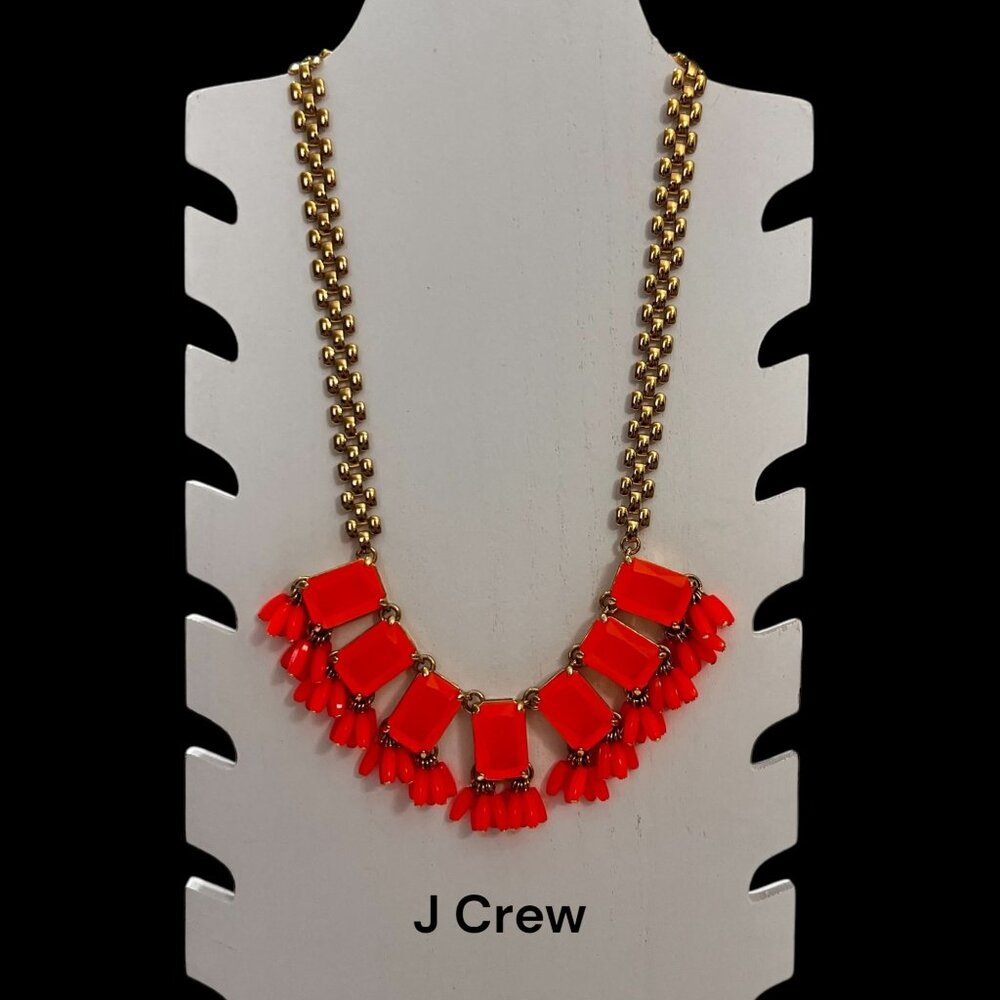 J Crew Gold Tone Neon Orange Stations Statement Necklace